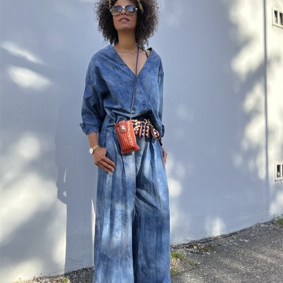 Italian High Waist Wide Leg Tie Dye Cotton Pants IT42 Us4/8 Denim look - Picture 5 of 9